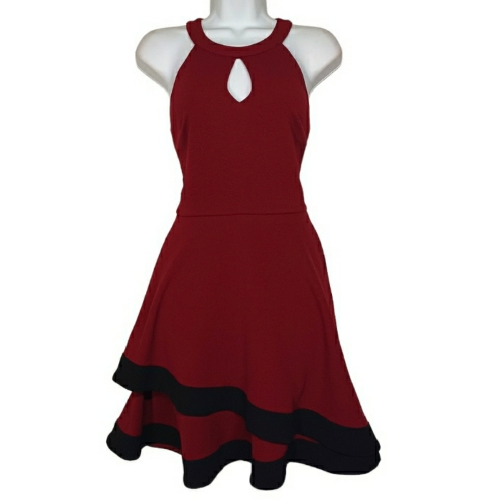 BCX DRESS Burgundy Red Black Ruffle Sleeveless Fit & Flare Dress Size 7 NWT